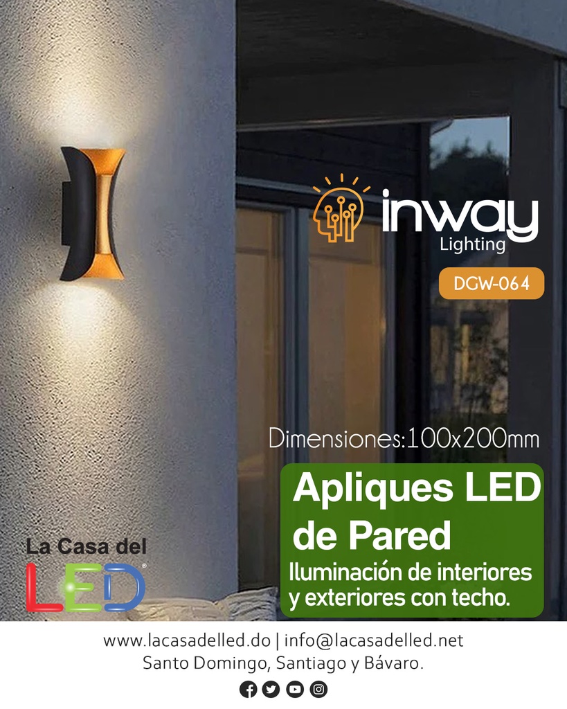 Lámpara LED de Pared (Aplique), DGW-064, 10W, 2x5W, 3000K Blanco Cálido, 85-265Vac, IP44, Negro, 85 Grados, Dimensiones: 100x200mm, Material: Aluminio, Uso en exterior techado o interior
