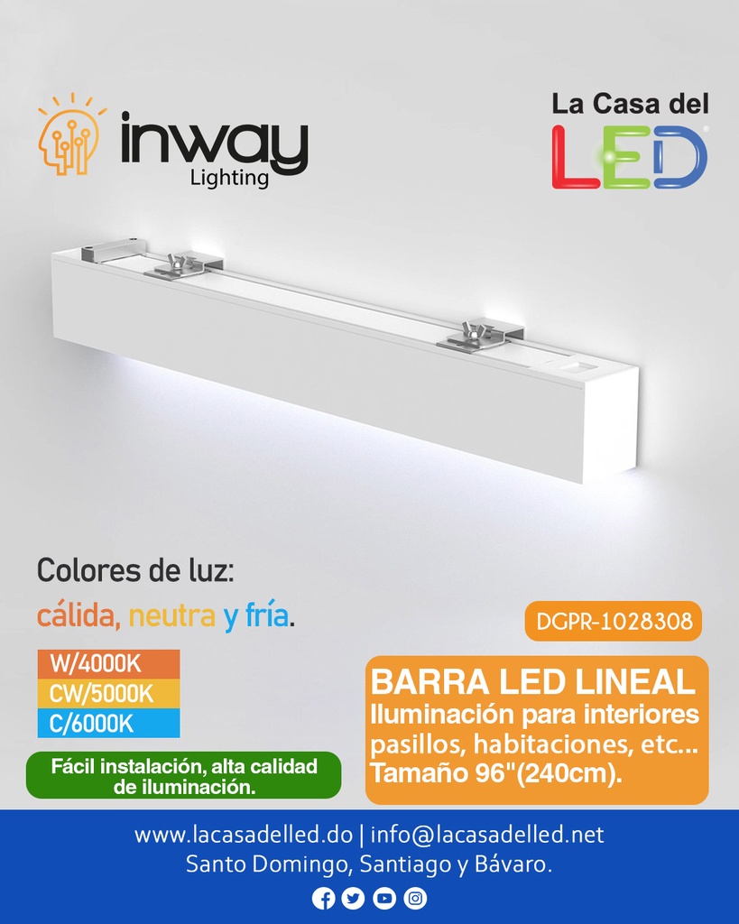 Barra de LED para iluminación superior de Lámpara Lineal 60W / 80W / 100W, 96&quot;(240cm), Múltiple CCT NW 4000K / 5000K / CW 6000K, 115Lm/W, 100-277Vac, con Certificación UL
