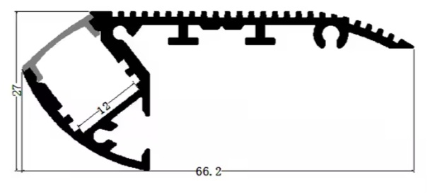 Perfil de Aluminio p/Cinta LED con PCB de 12mm, DG-ES6627, Medidas: 66.2x27x2000mm, p/Escalon, incluye: difusor opal con nivel de transparencia de un 65%, 2 tapas terminales, Plateado