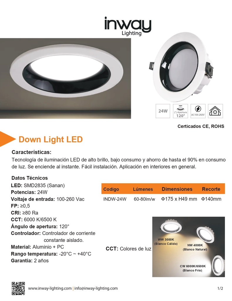 Down Light LED Circular, 24W, 6000K Blanco Frío, 100-260Vac, Cabeza no movible, Dimensiones: Φ130x49mm, IP20, 120 Grados