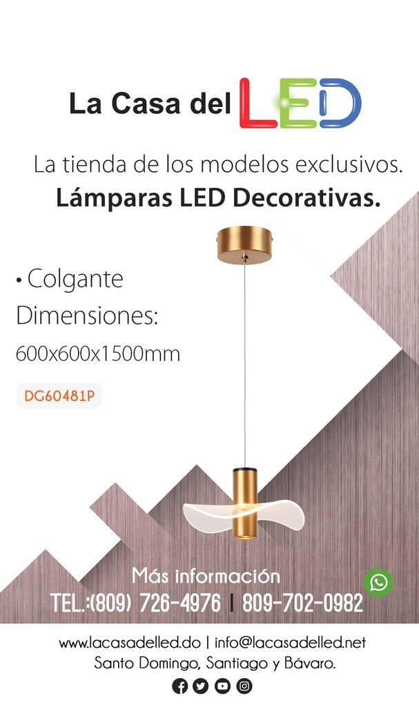 Lámpara LED Decorativa Colgante, DG60481P, 7W, 4000K Blanco Natural, 85-265Vac, Dimensiones: 200x200x1500mm, IP20, Dorado