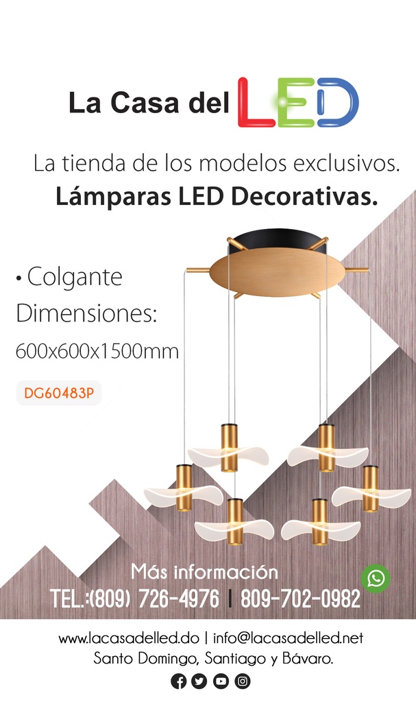 Lámpara LED Decorativa Colgante, DG60481P, 7W, 4000K Blanco Natural, 85-265Vac, Dimensiones: 200x200x1500mm, IP20, Dorado