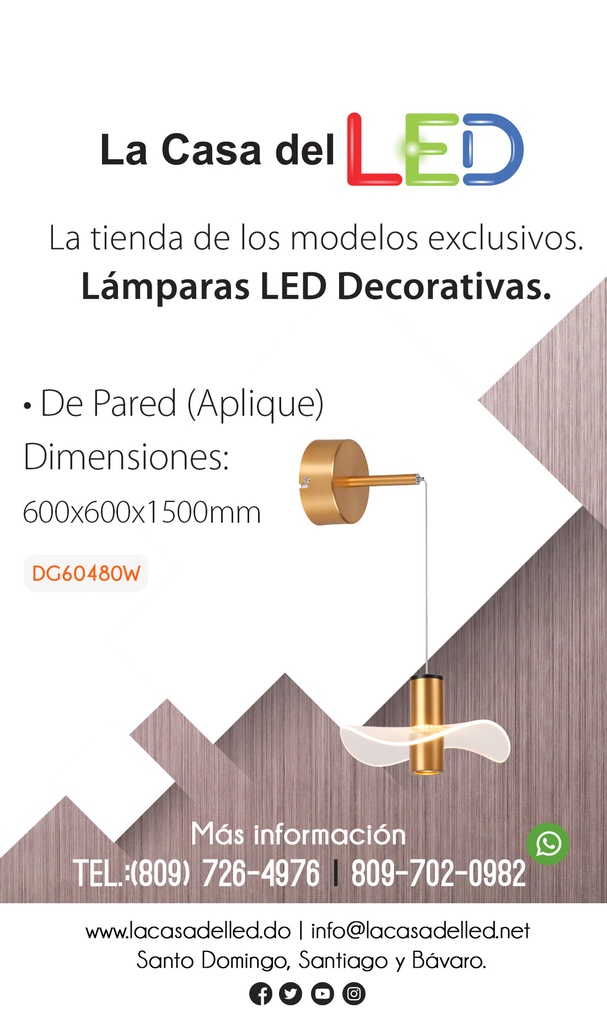 Lámpara LED Decorativa Colgante, DG60481P, 7W, 4000K Blanco Natural, 85-265Vac, Dimensiones: 200x200x1500mm, IP20, Dorado