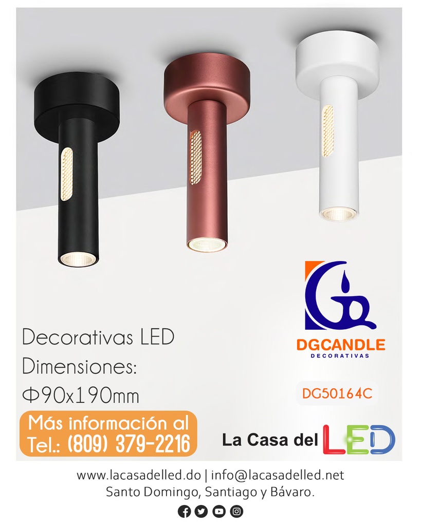 Lámpara LED Decorativa de Superficie, DG50164C, 5W, 4000K Blanco Natural, 85-265Vac, Dimensiones: Φ90x190mm, IP20, Blanco