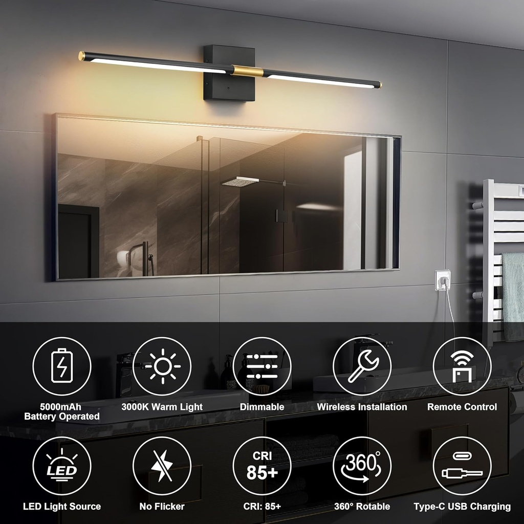 Lámpara LED Decorativa de Pared (aplique) Recargable, Luz indirecta, 5W, Múltiple CCT WW 3000K / NW 4000K / CW 6000K, Dimensiones: 720mm, IP20, Negro