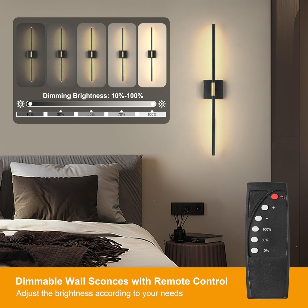Lámpara LED Decorativa de Pared (aplique) Recargable, Luz indirecta, 5W, Múltiple CCT WW 3000K / NW 4000K / CW 6000K, Dimensiones: 720mm, IP20, Negro