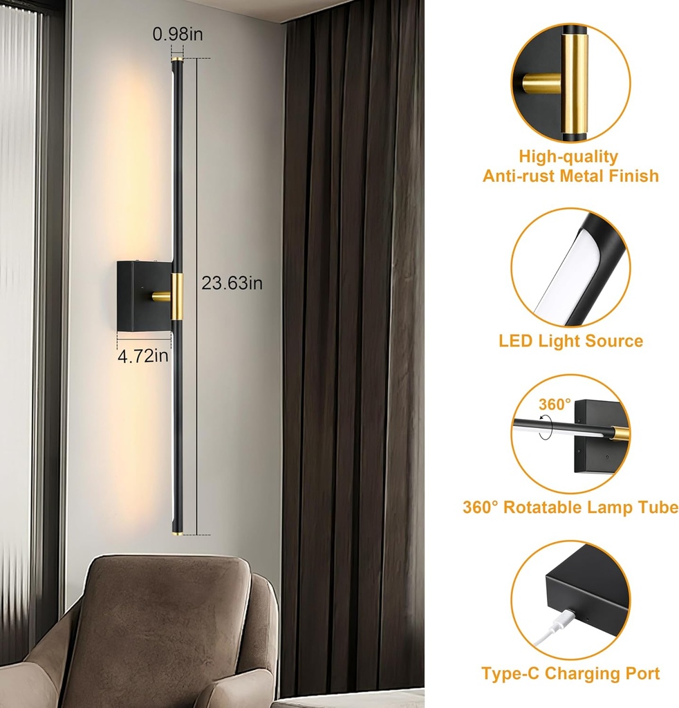 Lámpara LED Decorativa de Pared (aplique) Recargable, Luz indirecta, 5W, Múltiple CCT WW 3000K / NW 4000K / CW 6000K, Dimensiones: 720mm, IP20, Negro
