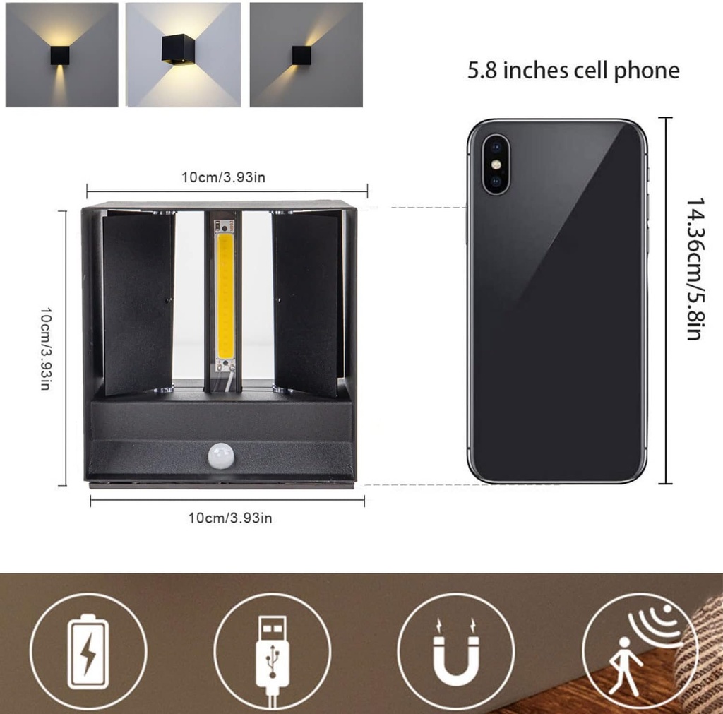 Lámpara LED Decorativa de Pared (aplique) Recargable, Up and Down, 16W, RGB-Múltiple CCT WW 3000K / NW 4000K / CW 6000K, Dimensiones: 100x100x80mm, IP20, Negro