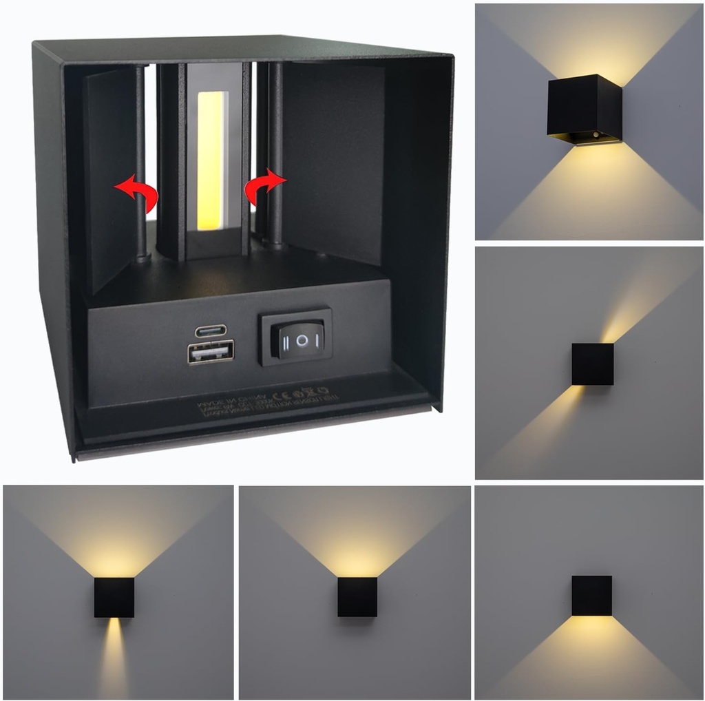 Lámpara LED Decorativa de Pared (aplique) Recargable, Up and Down, 16W, RGB-Múltiple CCT WW 3000K / NW 4000K / CW 6000K, Dimensiones: 100x100x80mm, IP20, Negro