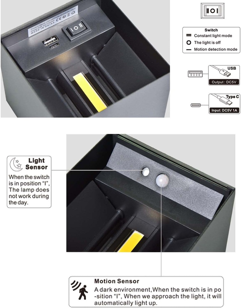 Lámpara LED Decorativa de Pared (aplique) Recargable, Up and Down, 16W, RGB-Múltiple CCT WW 3000K / NW 4000K / CW 6000K, Dimensiones: 100x100x80mm, IP20, Negro