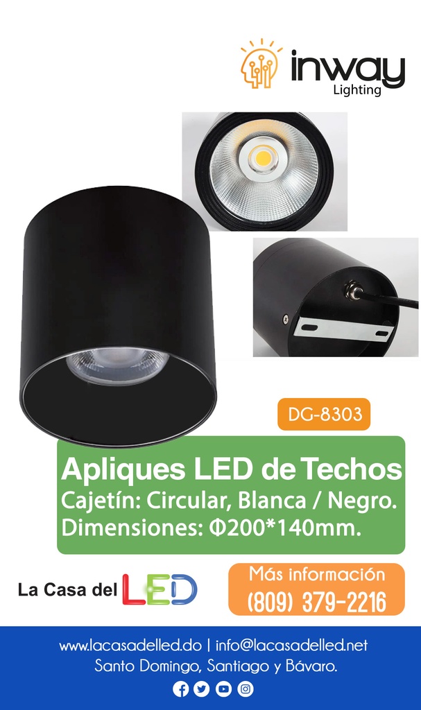 Aplique de Techo Circular con Reflector Negro, DG-8303, 35W, 4000K Blanco Natural, 100-260Vac, Dimensiones: 200x140mm, Negro