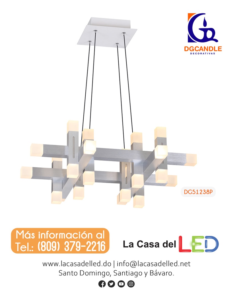 Lámpara LED Decorativa Colgante, DG51238P, 72W, 4000K Blanco Natural, 85-265Vac, Dimensiones: 600x600x1500mm, IP20, Plateado
