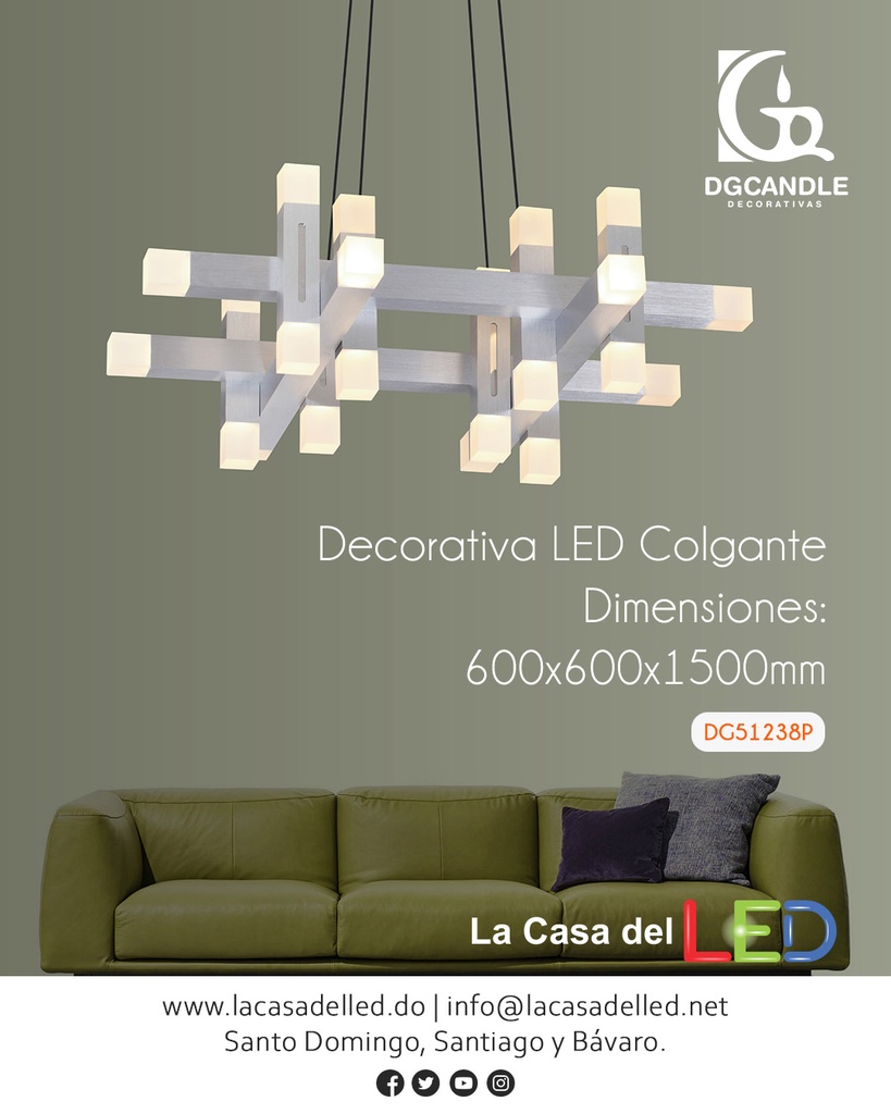Lámpara LED Decorativa Colgante, DG51238P, 72W, 4000K Blanco Natural, 85-265Vac, Dimensiones: 600x600x1500mm, IP20, Plateado