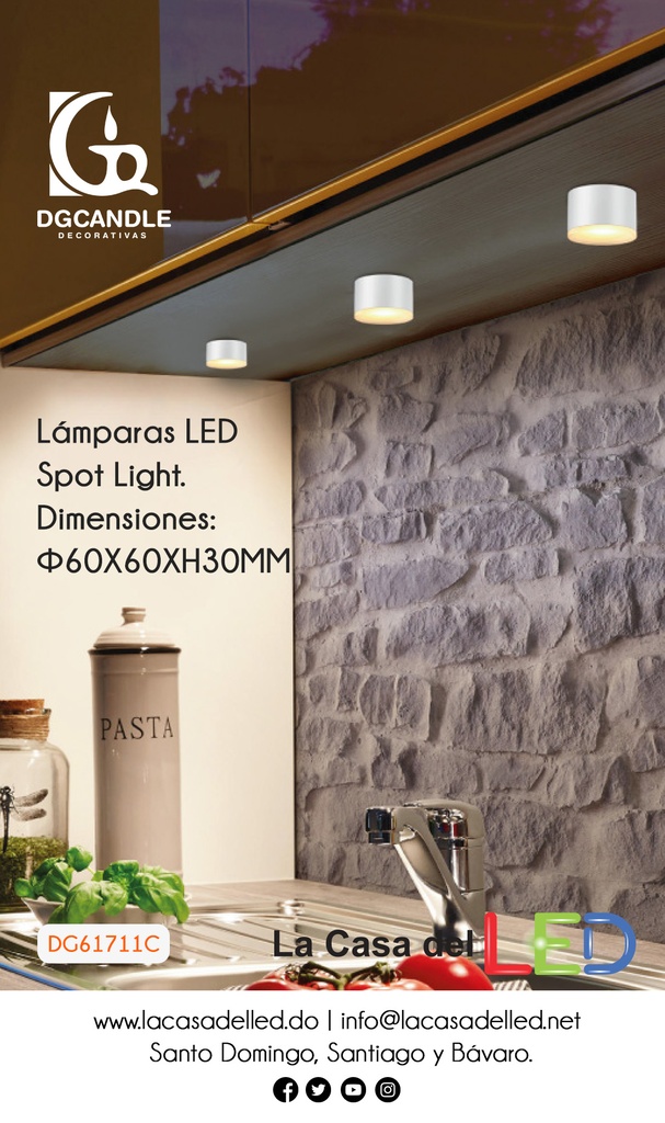 Lámpara LED Decorativa Spot Light, DG61711C, 6W, 6000K Blanco Frío, 90-110Vac, Dimensiones: Φ60X60XH30MM, IP20