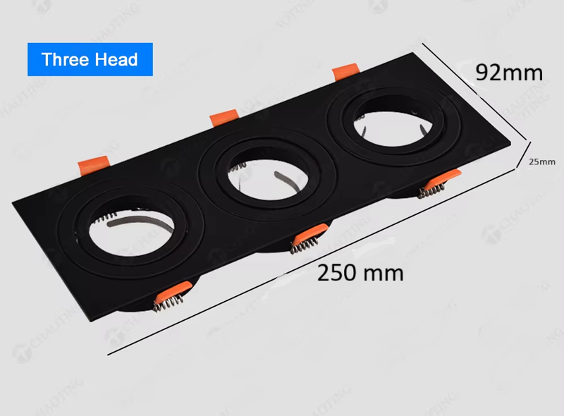 Base Triple Rectangular p/Empotrar 3 Bombillas, Dirigible, Dimensiones: 250x92x25mm, Negro, Incluye zócalo GU10