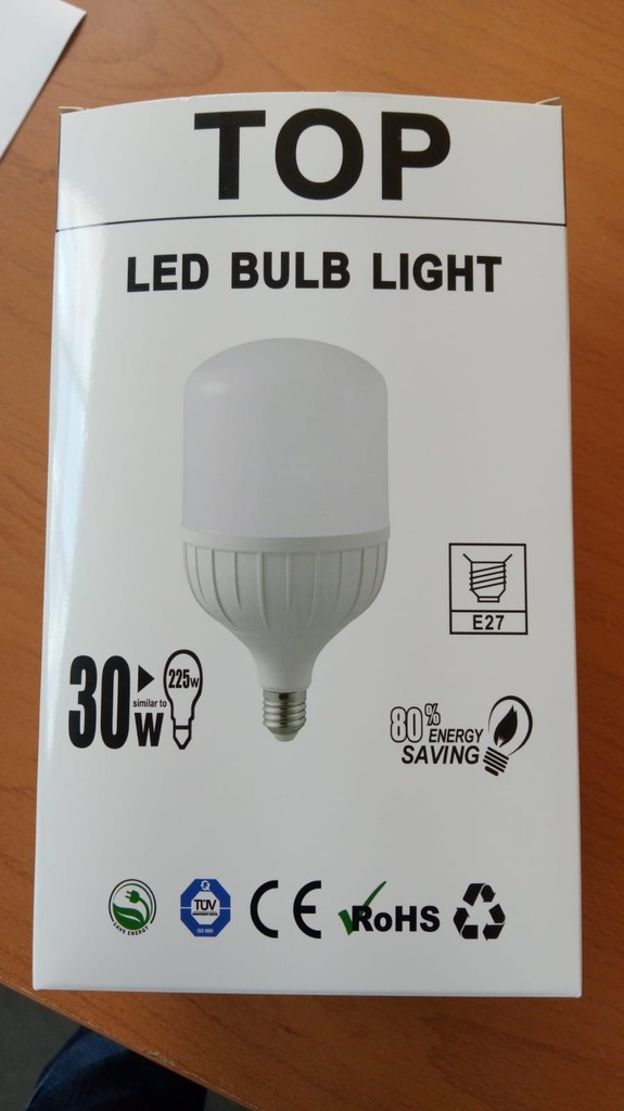 Bombilla LED TOP-T125, 40W, 6000K Blanco Frío, 100-265Vac, E27, Dimensiones: Φ125x205mm, IP20, 270 Grados