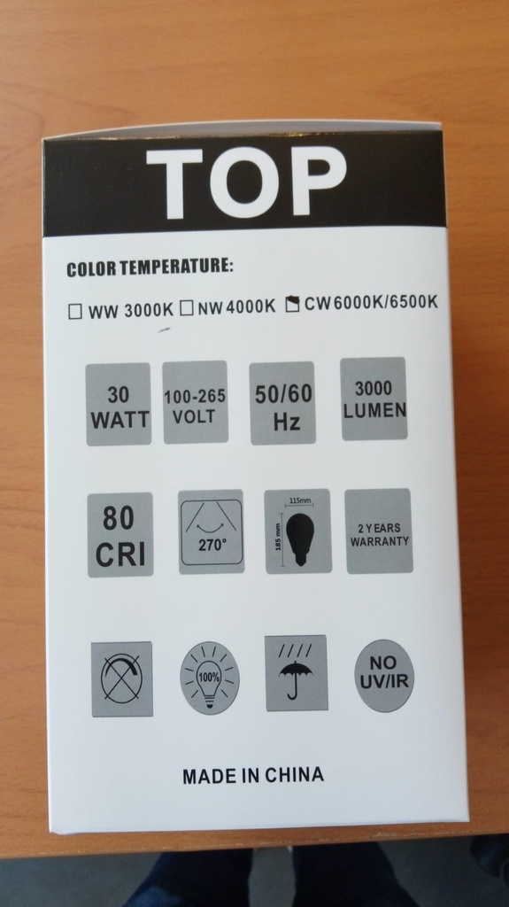 Bombilla LED TOP-T125, 40W, 6000K Blanco Frío, 100-265Vac, E27, Dimensiones: Φ125x205mm, IP20, 270 Grados