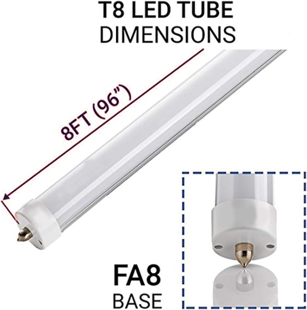 Tubo T8 LED, FP&gt;0.9, 36W, 96&quot;(240cm), FA8, 6000K Blanco Frío, 100-277Vac, Alimentación Doble, Frost, Glass, 1 Pin, 105Lm/W