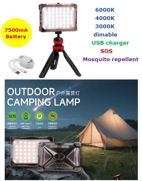Lámpara Solar LED de Camping para Exteriores, 3W, Múltiple CCT WW 3000K / NW 4000K / CW 6000K, Con batería de litio de 7500mAh, Plateado, Incluye: Puerto USB tipo C