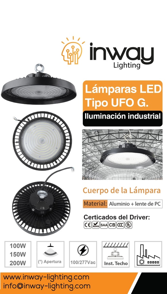 Lámpara High Bay SMD LED, Tipo UFO G, 100W, 6000K Blanco Frío, 100-277Vac, IP65, 90 Grados, Dimensiones: Ф235x146mm, con Certificación UL