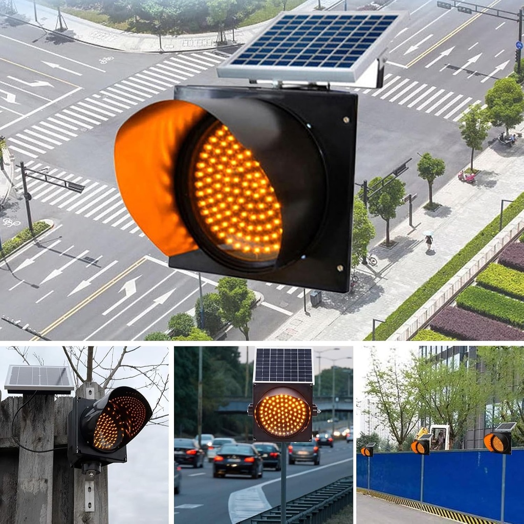Luces Intermitente de Semáforo con Panel Solar de 10W y 12V, Amarilla, Batería de 12V/5Ah, 300mm, Dimensiones: 348x342x154mm, Cover Clear