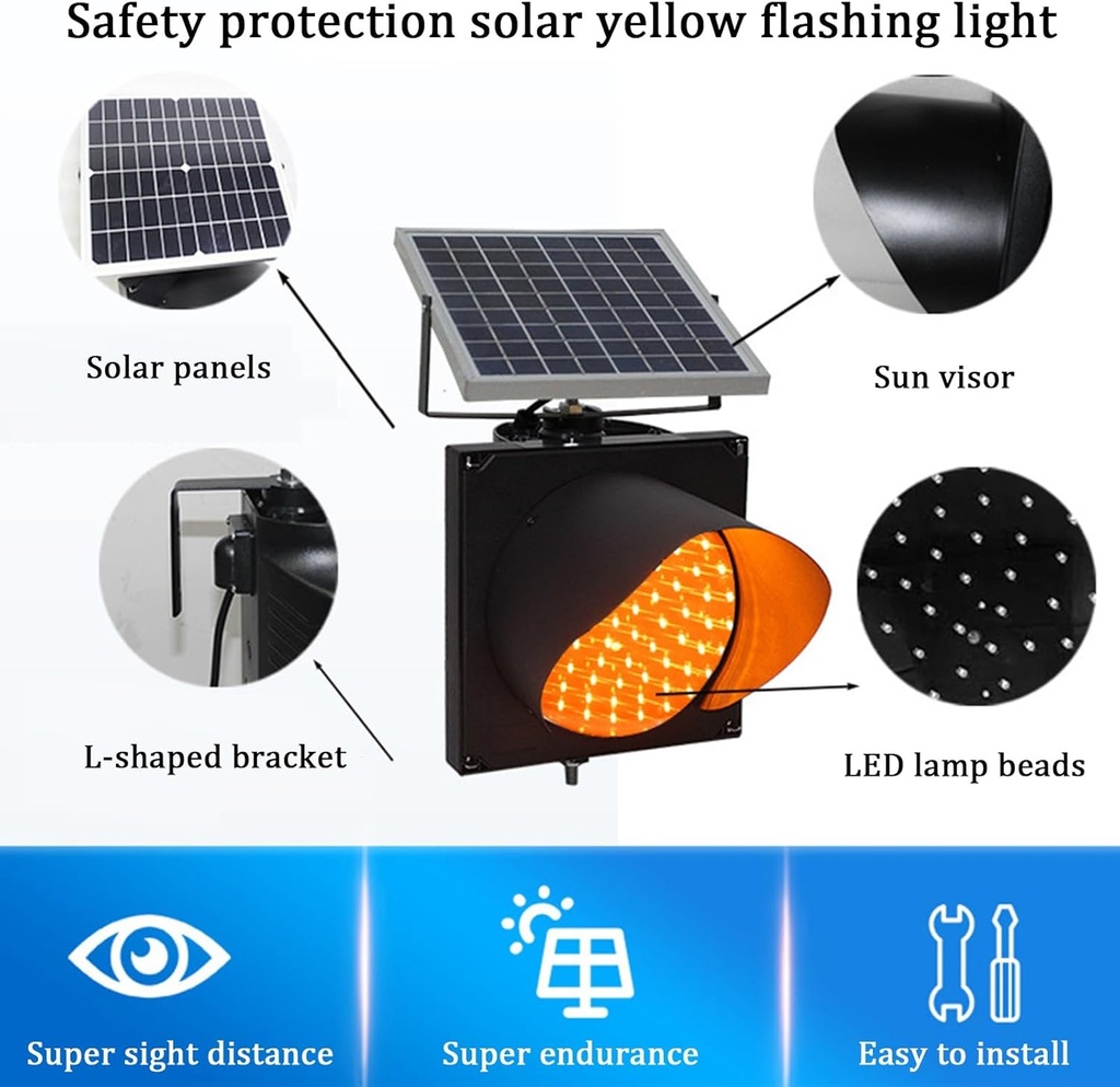 Luces Intermitente de Semáforo con Panel Solar de 10W y 12V, Amarilla, Batería de 12V/5Ah, 300mm, Dimensiones: 348x342x154mm, Cover Clear