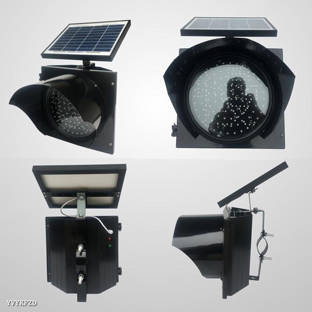 Luces Intermitente de Semáforo con Panel Solar de 10W y 12V, Amarilla, Batería de 12V/5Ah, 300mm, Dimensiones: 348x342x154mm, Cover Clear