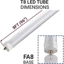 Tubo T8 LED, FP>0.9, 36W, 96"(240cm), FA8, 4000K Blanco Natural, 100-277Vac, Alimentación Doble, Frost, Glass, 1 Pin