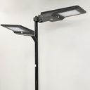 Lámpara Solar de Calle LED de 6000 Lm con Panel Integrado de 21W, 13.5V y Sensor de Movimiento, SMD2835 x 90pcs, 5000K, 140x70 Grados, Con Batería de Litio 115.2Wh, 9.6V, 12000mAh, IP65, Negra