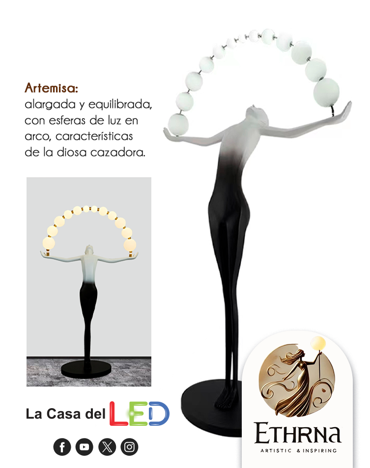 Artemisa: Escultura alargada, femenina y equilibrada, con esferas de luz en arco que representan precisión y elegancia, características de la diosa cazadora.