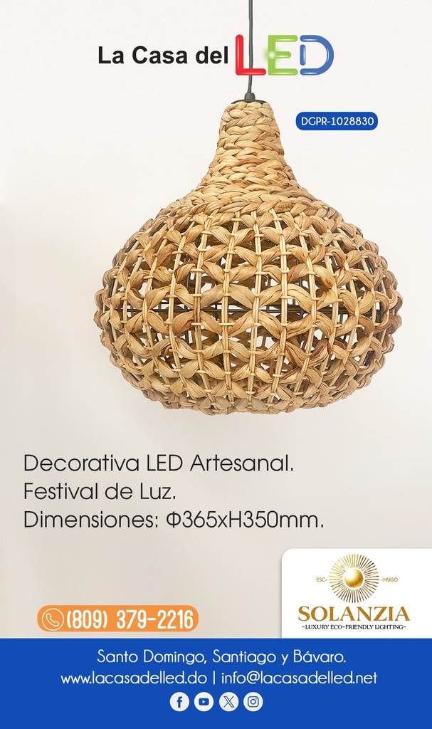 Lámpara Decorativa Artesanal, Festival de Luz, Colgante, E27, Dimensiones: Φ365xH350mm, Material: Water Hyacinth