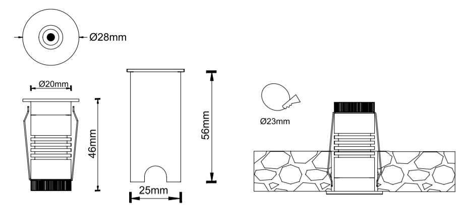 Lampara Empotrable de Exterior con Cover Circular, DG-1007-B, 1.4W, CW 6000K, 12-24Vdc, IP67, 30 Grados, Dimensiones: Ø28x46mm, Material: Acero Inoxidable 316