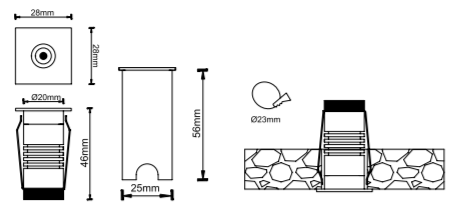 Lampara Empotrable de Exterior con Cover Cuadrado, DG-1007-B-S, 1W, CW 6000K, 12-24Vdc, IP67, 30 Grados, Dimensiones: 28x28x46mm, Material: Acero Inoxidable 316