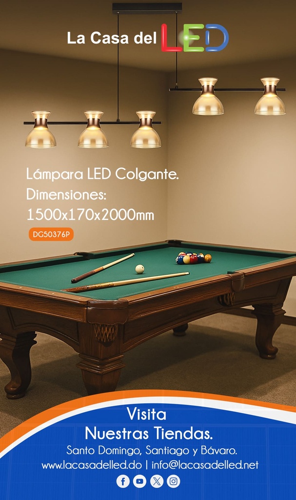 Lámpara LED Decorativa Colgante, DG50376P, 40W, 4000K Blanco Natural, 85-265Vac, Dimensiones: 1500x170x2000mm, IP20, Negro con rose gold