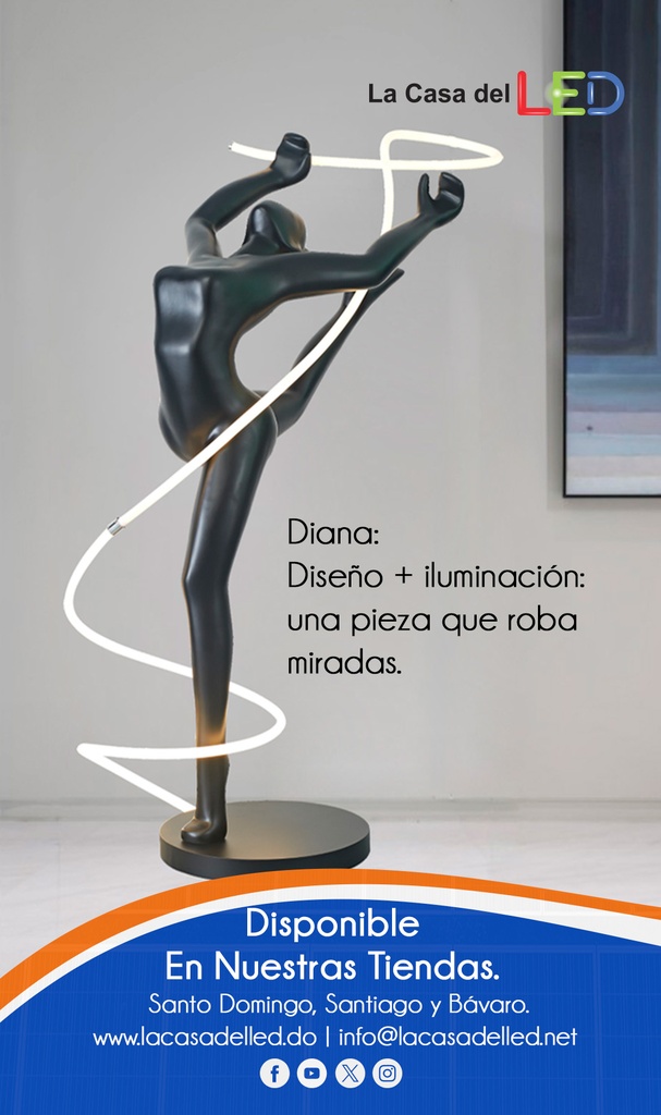 Diana: Inspirada en la diosa romana de la caza y la luna, esta escultura simboliza fuerza, elegancia y conexión con la luz lunar. Su diseño dinámico y estilizado evoca movimiento y gracia, iluminando espacios con arte y sofisticación.
