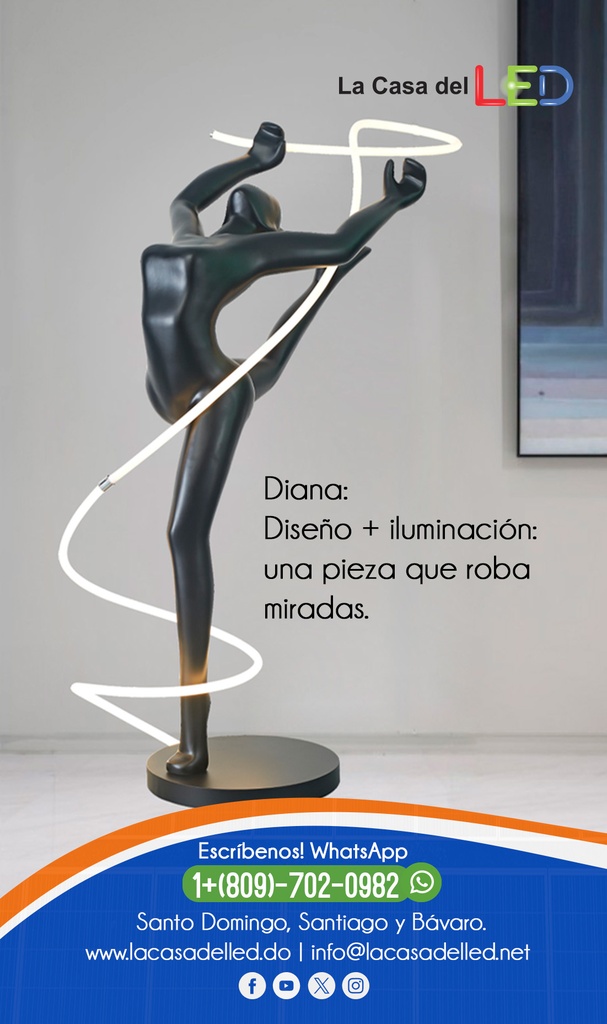Diana: Inspirada en la diosa romana de la caza y la luna, esta escultura simboliza fuerza, elegancia y conexión con la luz lunar. Su diseño dinámico y estilizado evoca movimiento y gracia, iluminando espacios con arte y sofisticación.