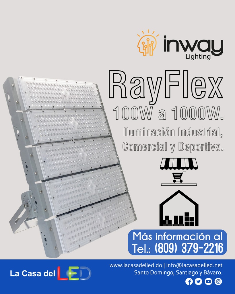Reflector LED RayFlex de 5 módulos, 500W, 3000K Blanco Cálido, 100-277Vac, IP65, 60 Grados, Gris