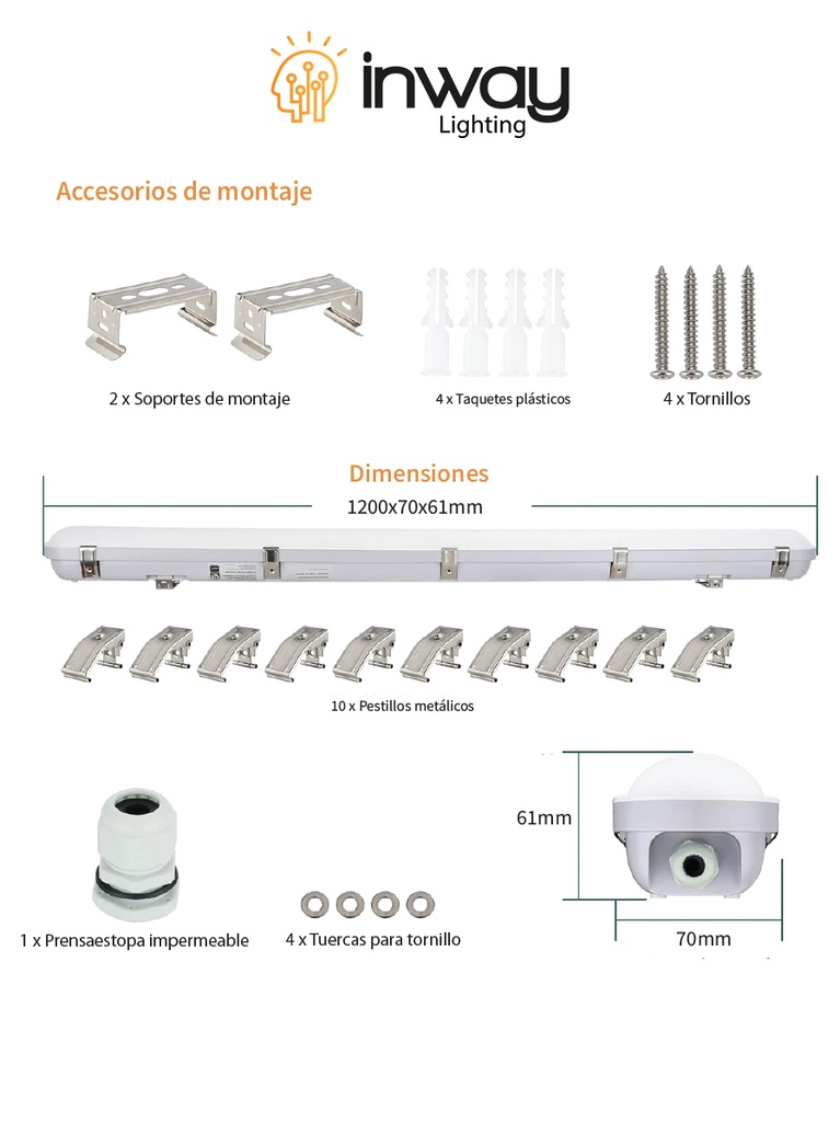 Estanca con Placa Integrada LED, 40W, Múltiple CCT WW 3000K / NW 4000K / CW 6000K, Dimensiones: 1200x70x61mm, Frost, 100-265Vac, IP65, 120 Grados, 110Lm/W