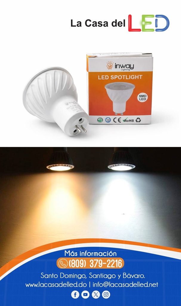 Bombilla LED Dicroica COB, 5W, 3000K Blanco Cálido, GU10, 100-260Vac, IP20, 30 Grados, Dimensiones: Ф50x60mm