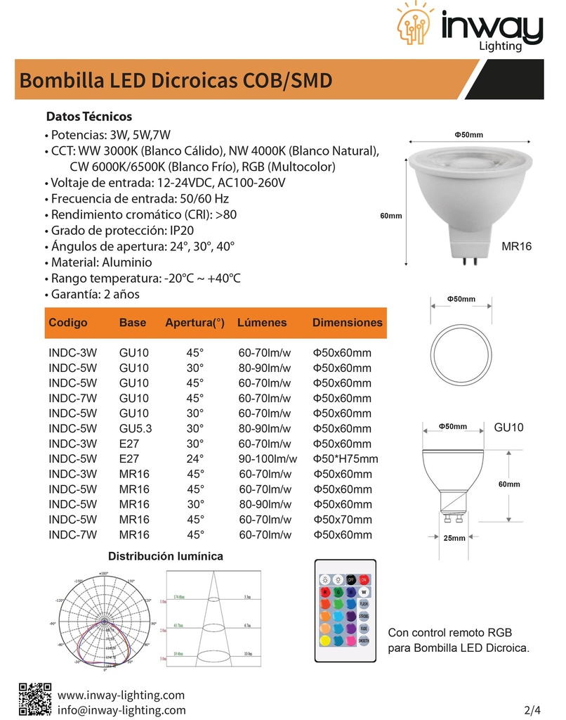 Bombilla LED Dicroica COB, 5W, 3000K Blanco Cálido, GU10, 100-260Vac, IP20, 30 Grados, Dimensiones: Ф50x60mm