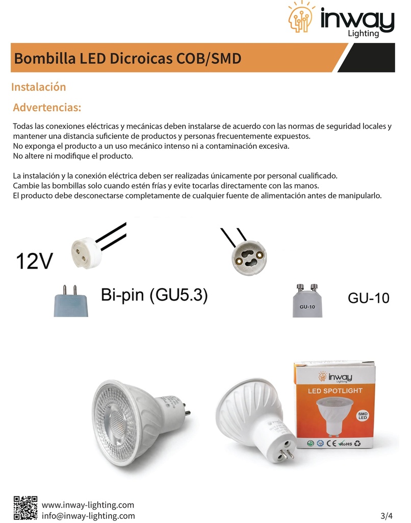 Bombilla LED Dicroica COB, 5W, 3000K Blanco Cálido, GU10, 100-260Vac, IP20, 30 Grados, Dimensiones: Ф50x60mm