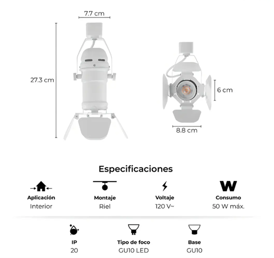 Cajetín p/ Lámpara de Riel (Track light) LED, DG-5501-02, Base: GU10, 2 cables, Blanco