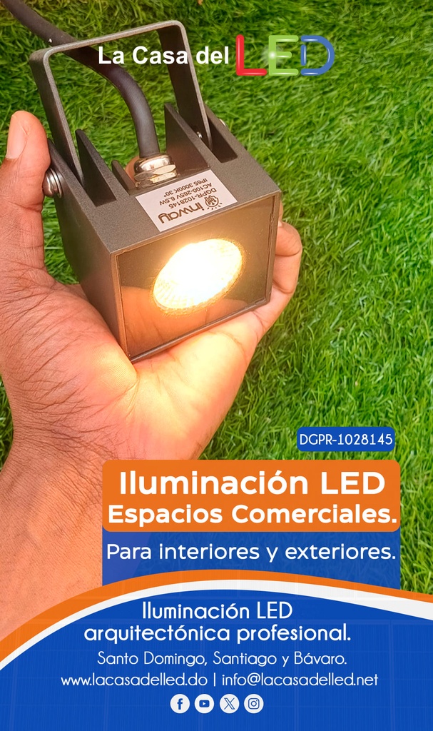 Reflector COB LED, 6.5W, 3000K Blanco Cálido, 100-265Vac, IP65, 30 Grados, Dimensiones: 65x65x100mm, Gris Oscuro, Material: Aluminio