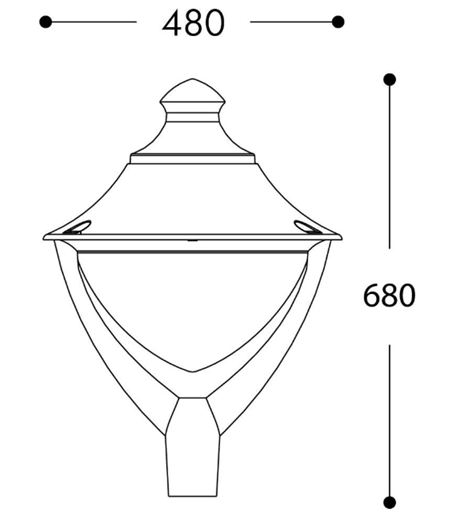 Lámpara Garden Light LED con Bombilla E27, 30W, 3000K Blanco Cálido, 100-240Vac, Con difusor transparente, Base: mm, Dimensiones: 480x480x680mm, IP55, Negro