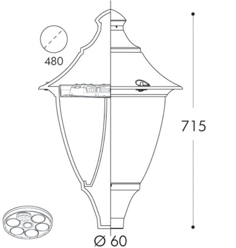 Lámpara Garden Light LED con Bombilla E27, 50W, 3000K Blanco Cálido, 100-240Vac, Con difusor transparente, Base: mm, Dimensiones: 600x600x850mm, IP55, Negro