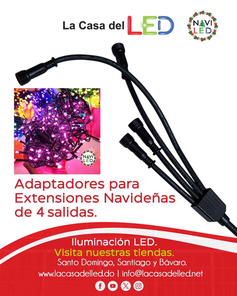 Adaptadores para Extensiones Navideñas de 4 salidas, 110Vac, largo: 40cm, Con cable verde de cobre 2xφ0.2mm2