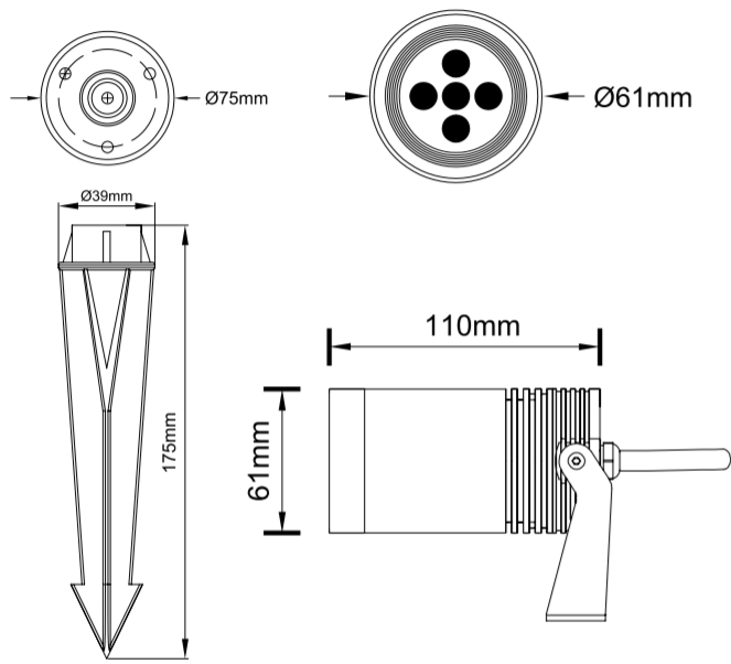 Base p/Bombilla LED de 70mm maximo, GU10, Dimensiones: 61x110mm, Material: Aluminio, IP67, Gris