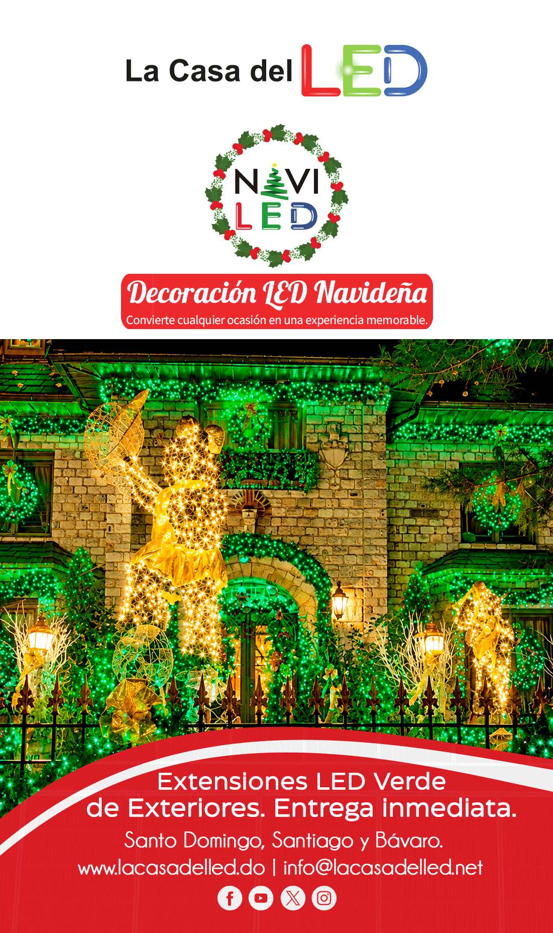 Extensión Navideña LED p/Exterior, 8W, 1700Lm, Verde Claro, 200LED/10Metros, 110Vac, Con cable clear de cobre 3xφ0.2mm2, IP44