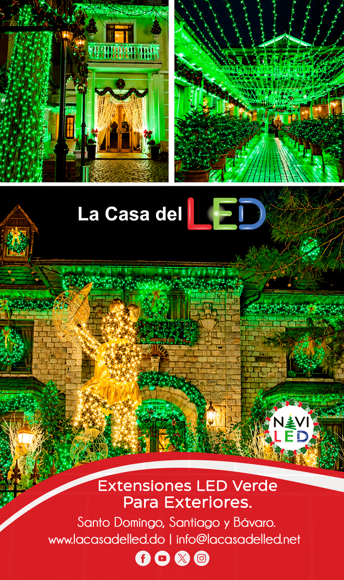 Extensión Navideña LED p/Exterior, 8W, 1700Lm, Verde Claro, 200LED/10Metros, 110Vac, Con cable clear de cobre 3xφ0.2mm2, IP44