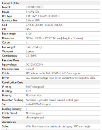 Espiga para Jardin LED, DG-1001-0100, 1.4W, CW 6000K, 24Vdc, IP65, 110 Grados, Incluye: Poste con base, Gris Oscuro de 1200mm y estaca de aluminio DG-205, Φ45X205mm